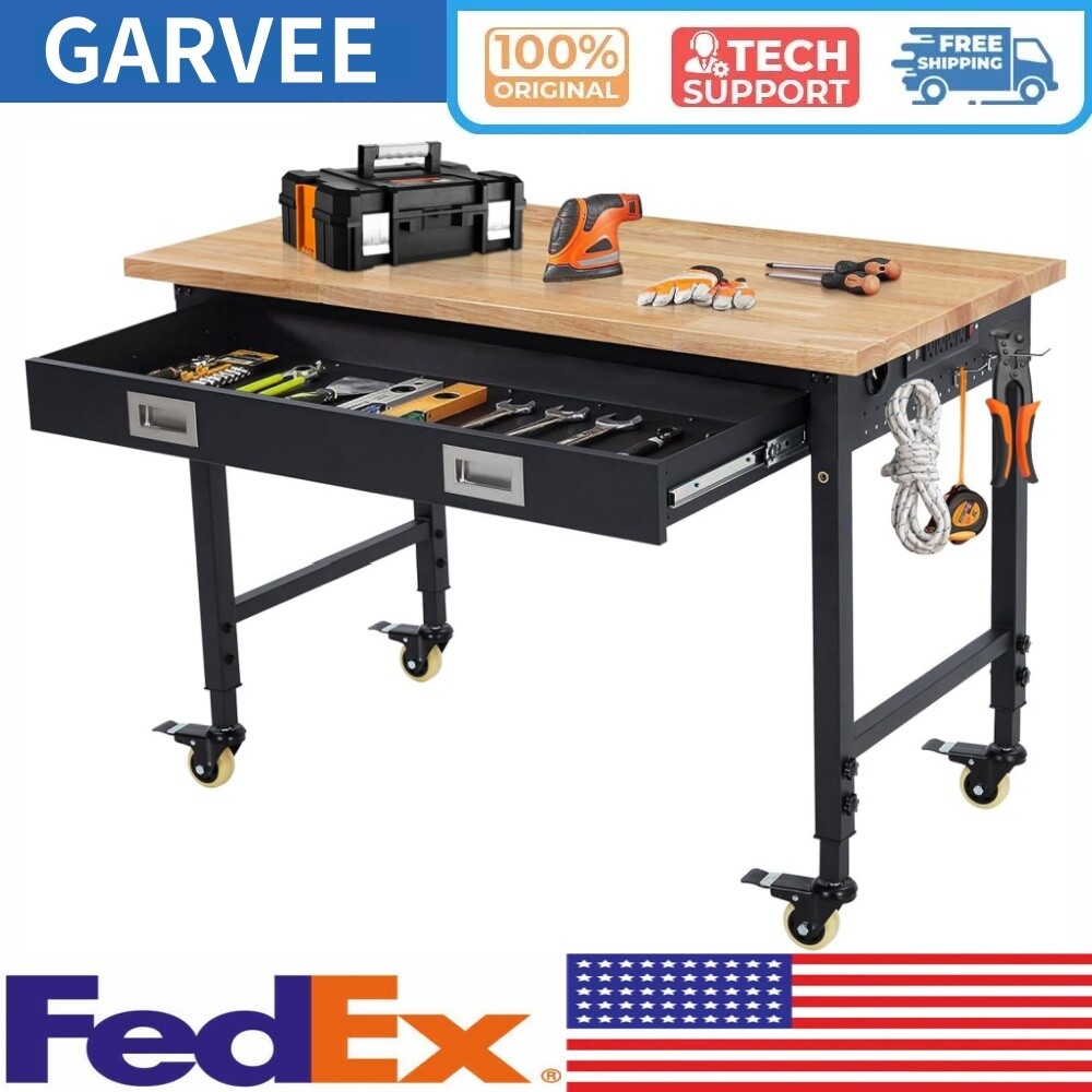 48" Adjustable Workbench 2000 LB Load Capacity Heavy Duty Workstation 4 Casters