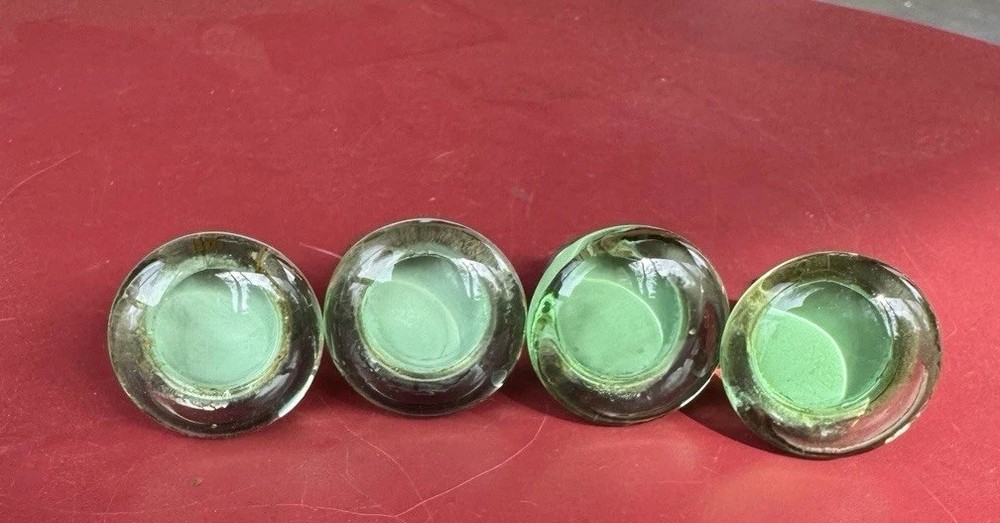 4 VINTAGE LIME GREEN And Clear GLASS DRAWER PULLS KNOBS