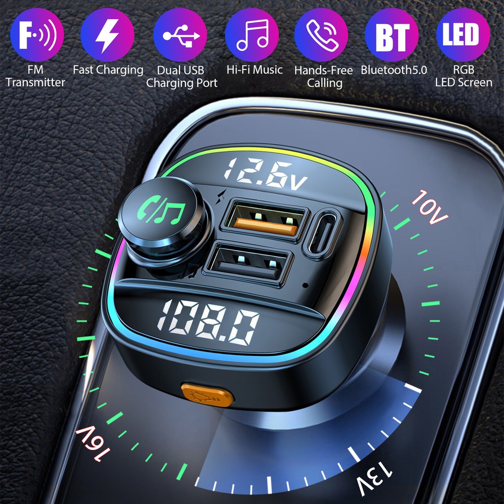 Bluetooth5.0 Car Wireless FM Transmitter Adapter USB PD Charger AUX Hand-Free US