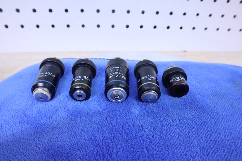 x5 Used Leica Achro Microscope Objectives #32016 32012 32015 32013 & E2 Germany