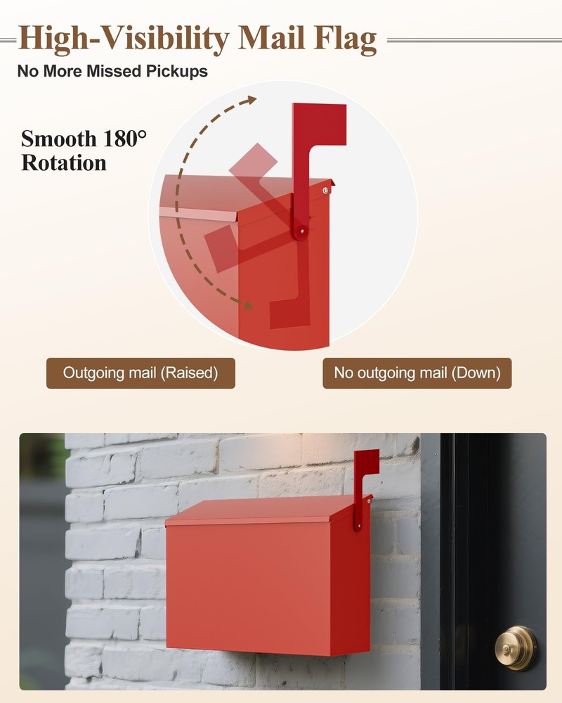 Red Wall Mount Mailbox Large Capacity Rust Proof Post Box 10.5x4.3x14.2