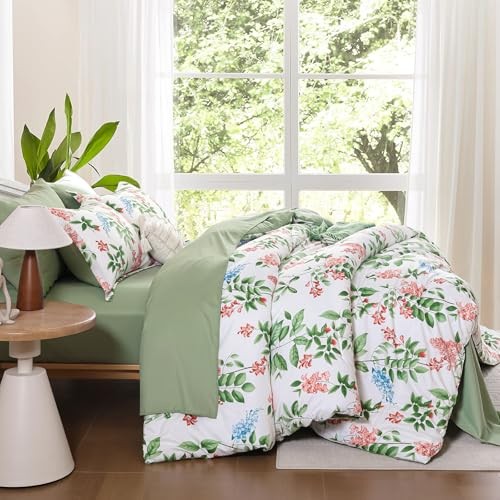 Comforter Set Size Floral 7-Piece Bedding Set,Botanical Comforter Queen Green