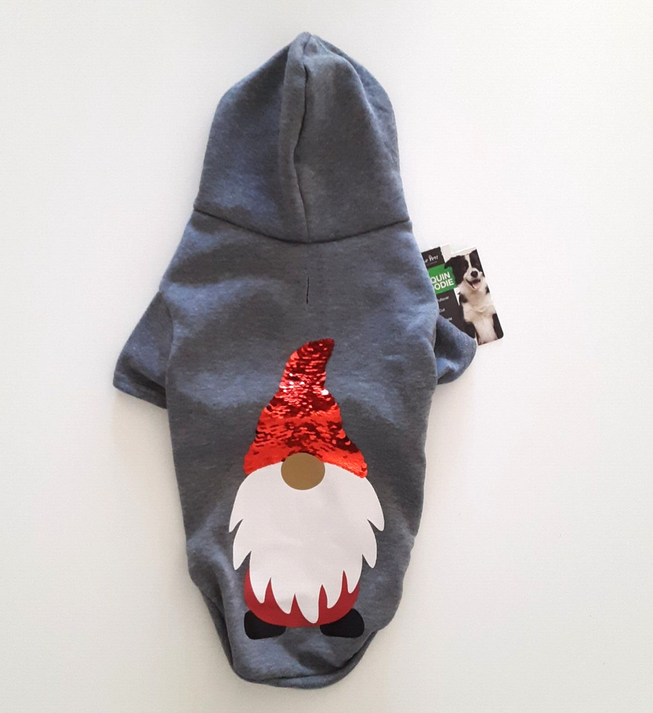 Unique Petz Size M Christmas Gnome Hoodie Pullover Jacket Gray Red Sequin