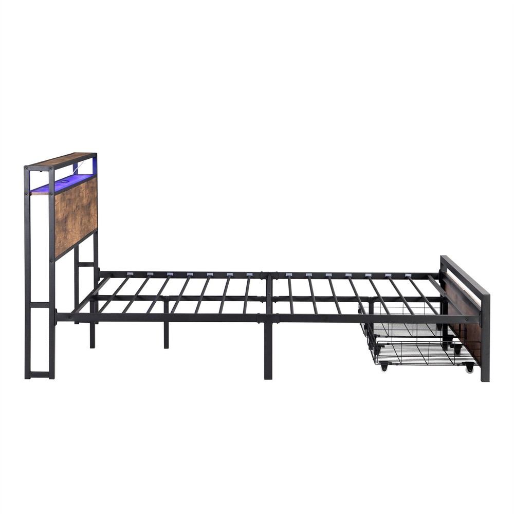 Queen Size Bed Frame with Storage Headboard & 2 Drawer Metal Platform Bed
