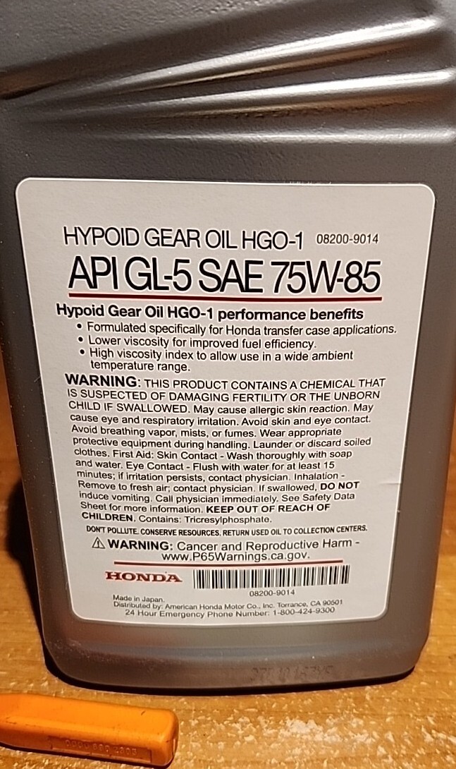 1 QT Honda OEM Hypoid Gear Oil WITH GASKETS NEW 08200-9014 HGO-1 Gl-5 75W-85