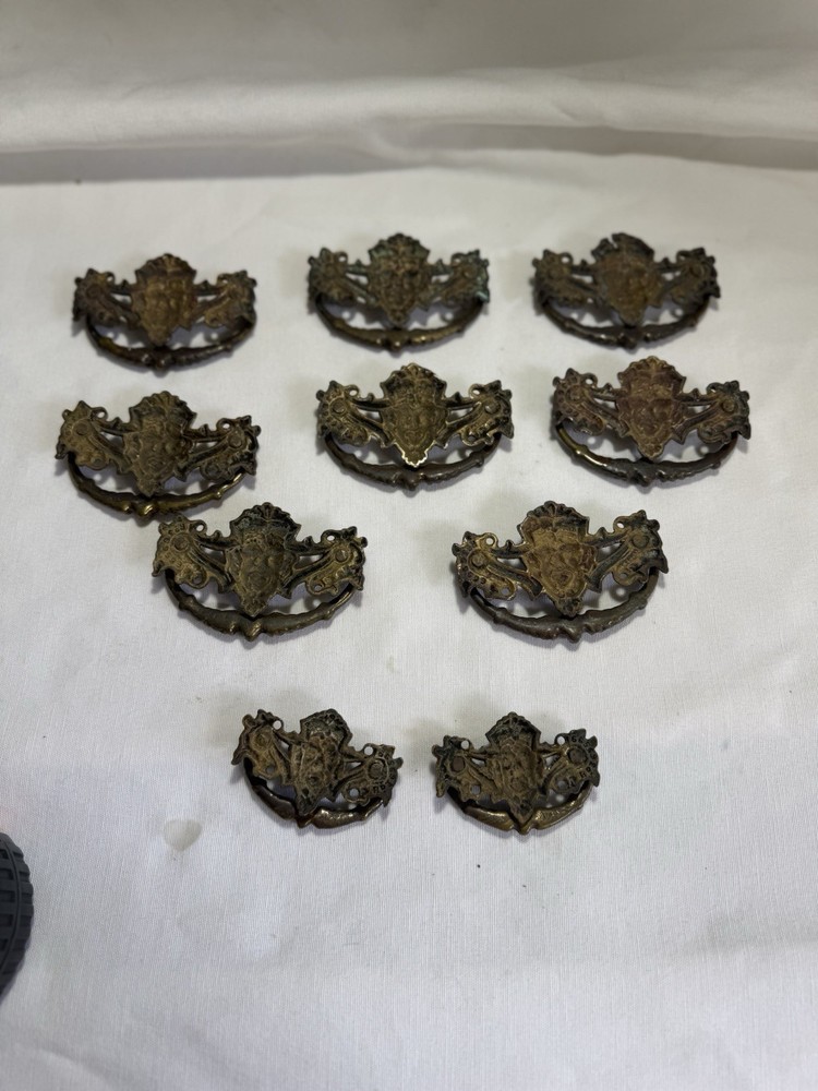 10 Rare Gothic Victorian Devil Face Brass Bail Drawer Pulls (8 Large & 2 Small)