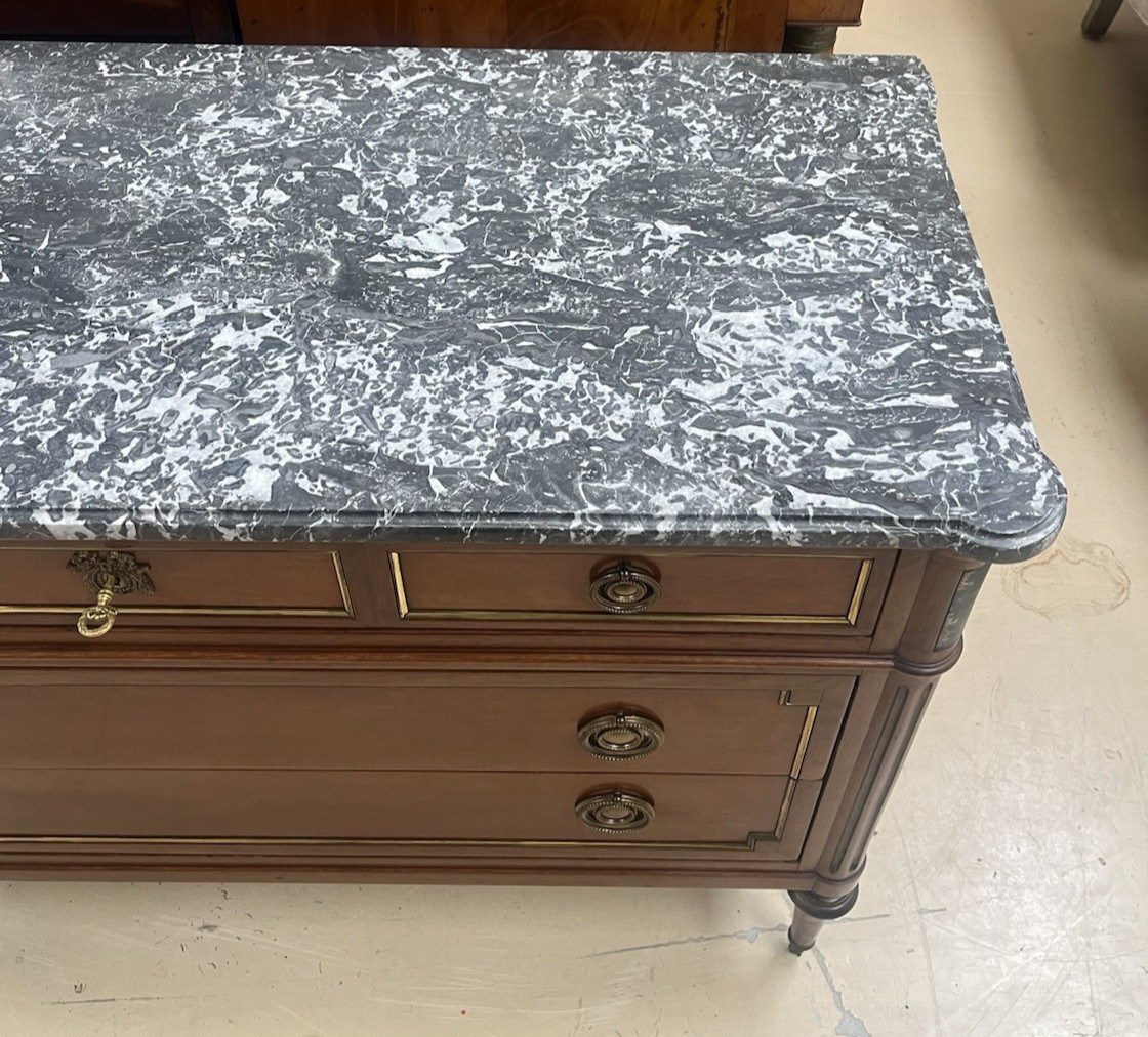 ANTIQUE FRENCH LOUIS XVI MARBLE-TOP MAHOGANY CHEST OF DRAWERS COMMODE