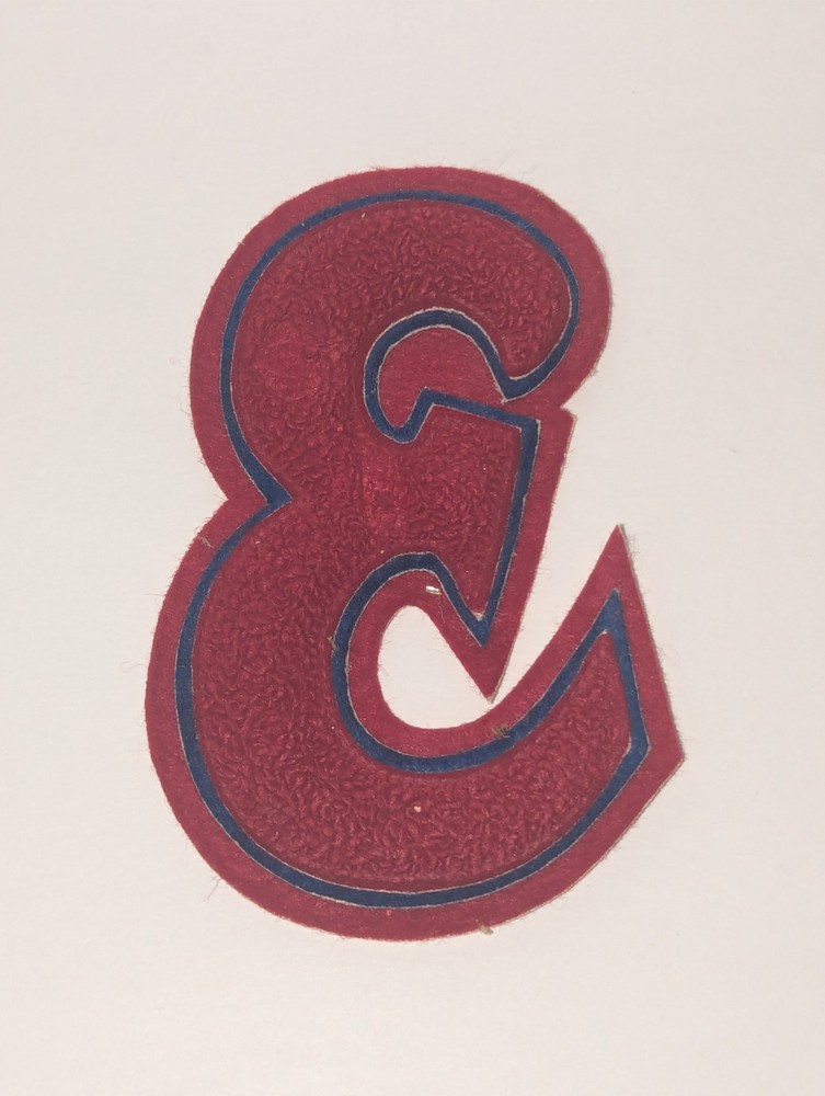 Vintage 80's "E" Script Varsity Letter Letterman Jacket Patch ~ Maroon w/Blue
