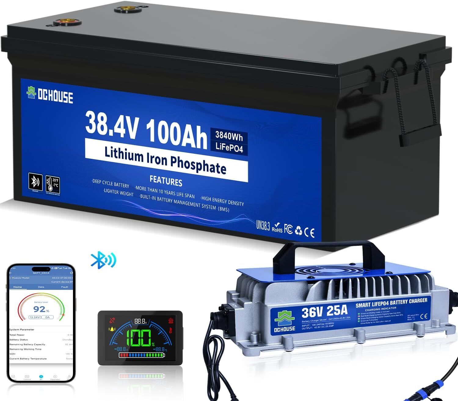 36V 100Ah Lithium Golf Cart Battery with 25A Charger Golf Cart Trolling Motor RV