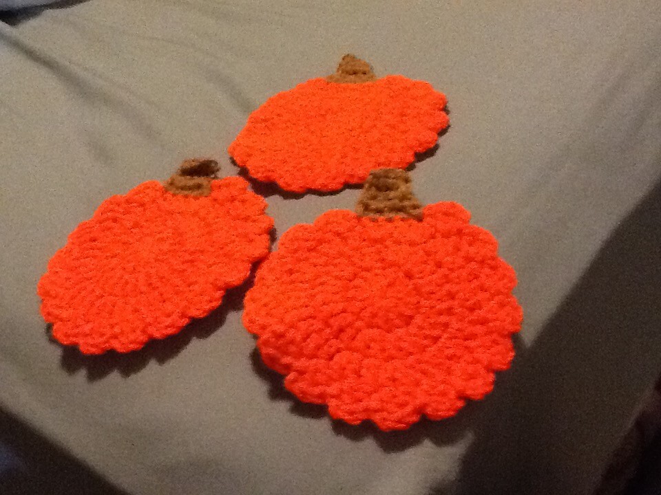 3 Orange Pumpkin Coasters 5in ea