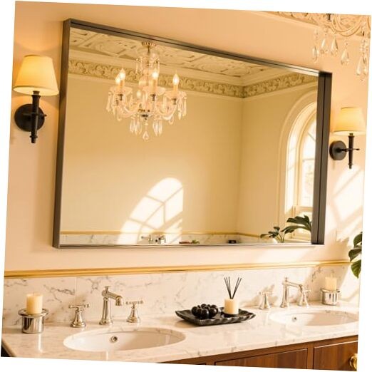 48"x32" Framed Bathroom Mirror, Large Rectangular 32"L x 48"W Black Modern