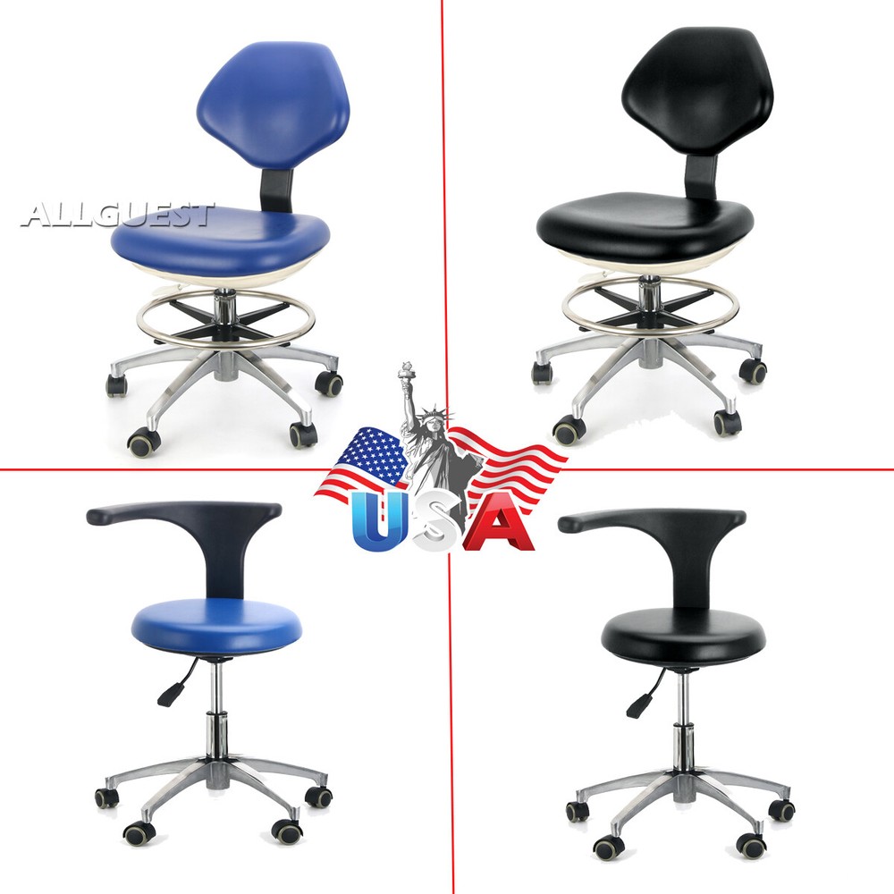 Dental Assistant Mobile Rolling Stool Adjustable Height Back Support PU Leather