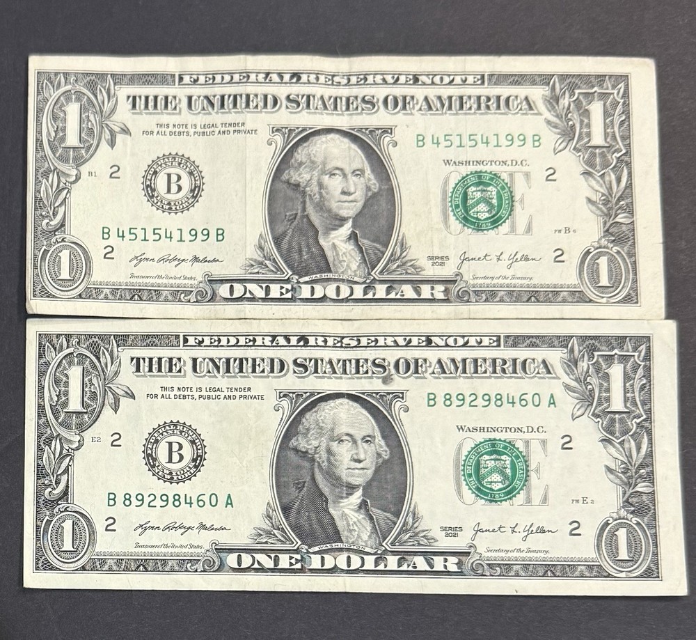 2- $1 ONE DOLLAR BILL NOTE MISCUT MISALIGNED OFF CENTER ERROR