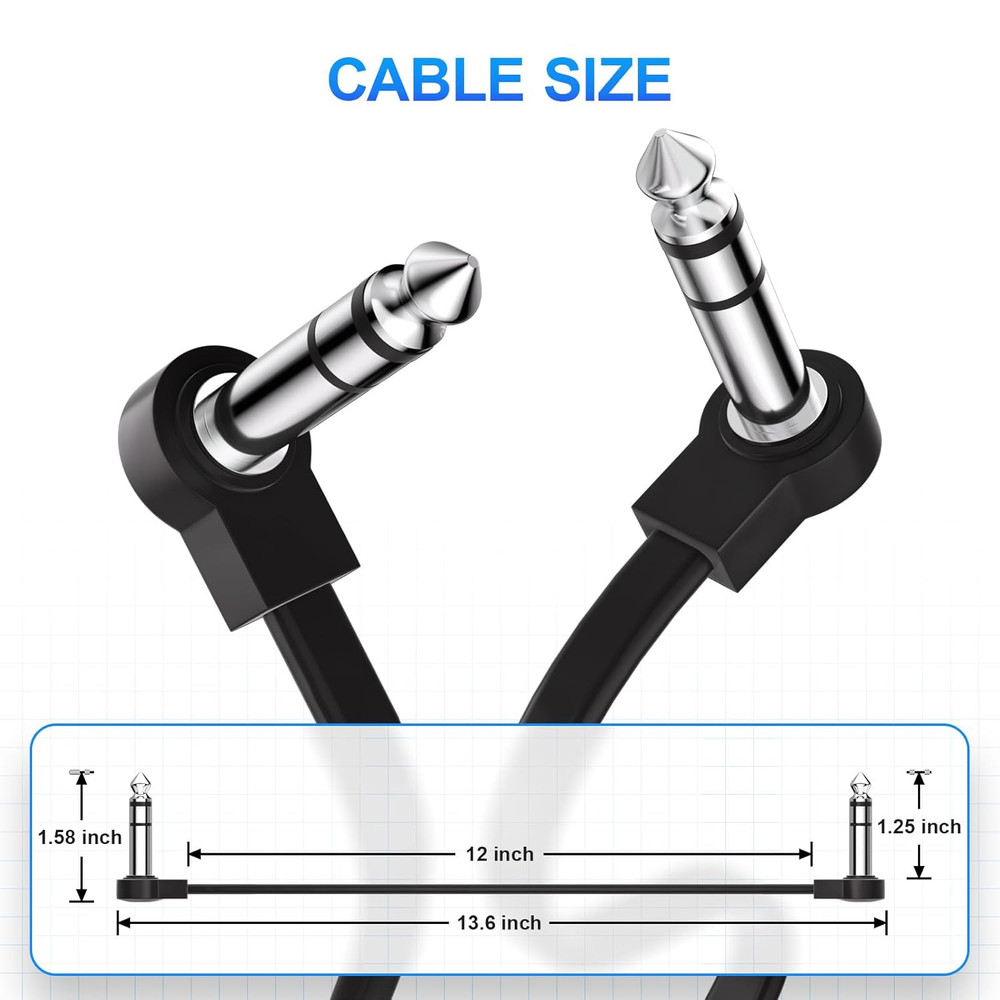 Premium 12-Inch TRS Flat Patch Cables 2-Pack, Low Profile Right Angle, Black