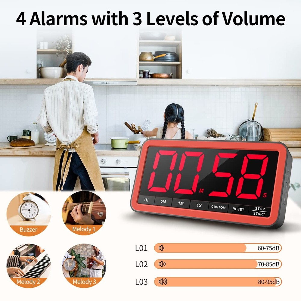 Digital Kitchen Timer with 7.8” Extra Large Display, Magnetic LED, with 3 Bri...