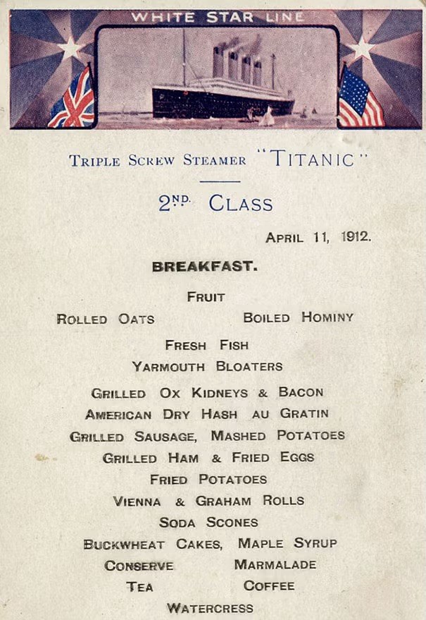 RMS Titanic 2nd and 3rd Class Breakfast Small Menu Replicas