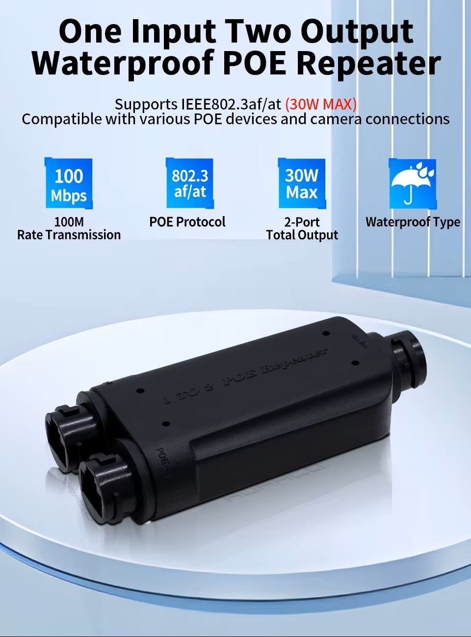 2 Port Waterproof POE Repeater IP66 10/100Mbps 1 to 2 PoE Extender