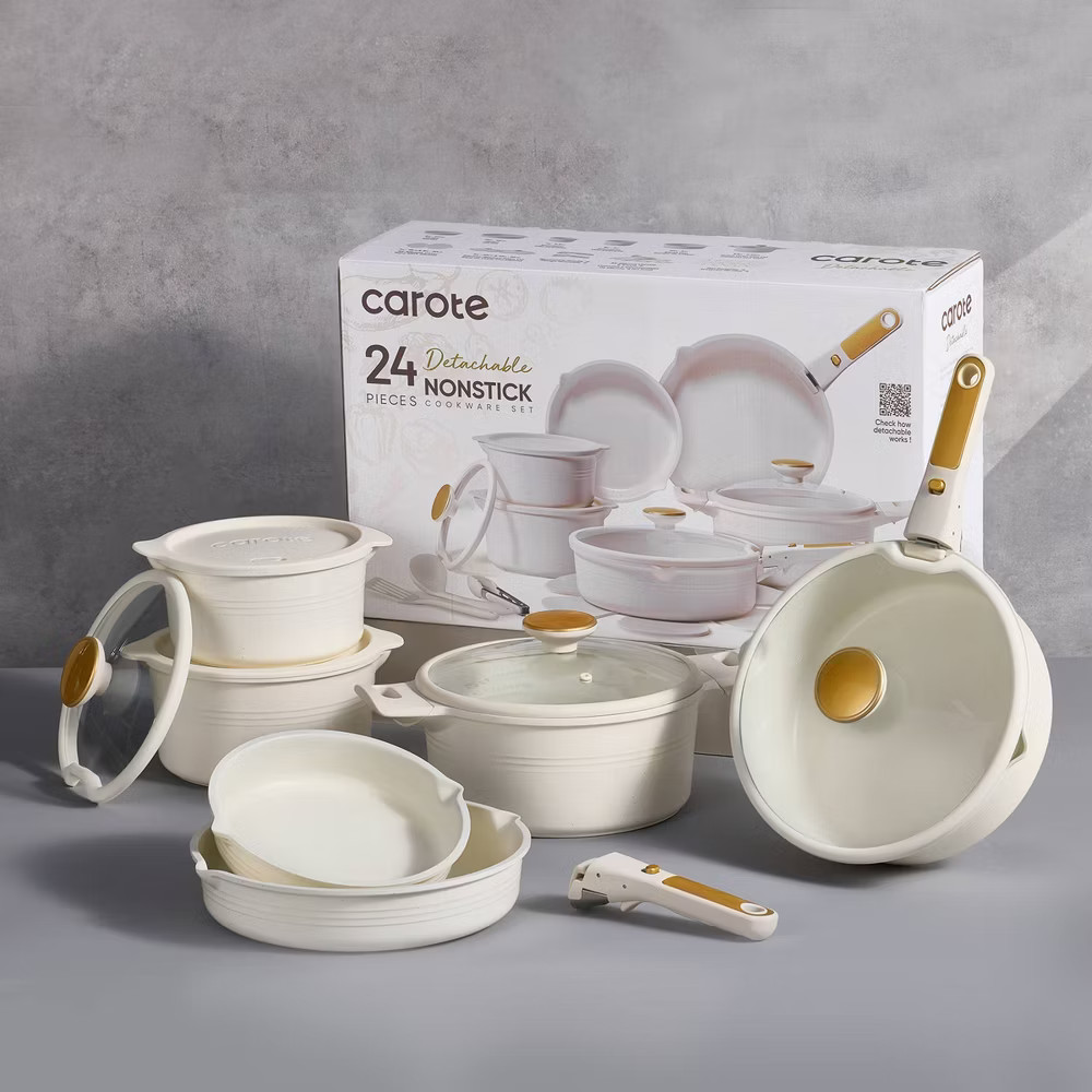 Carote 24pc Nonstick Cookware Set with Detachable Handle White