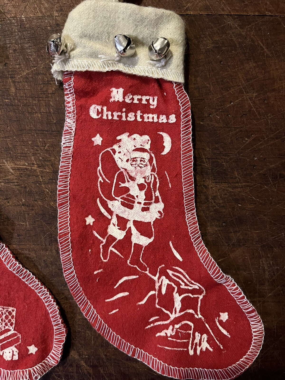 3 Vintage Style Red Felt Merry Christmas stockings Jingle Bells Santa Reindeer