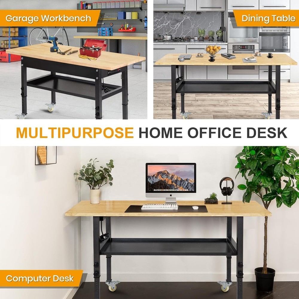 60'' Adjustable Workbench with Power Outlet, Wheels, Partition