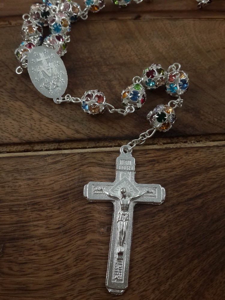 Colorful Zircon Beads Silver Rosary Catholic Necklace Miraculous Medal Cross