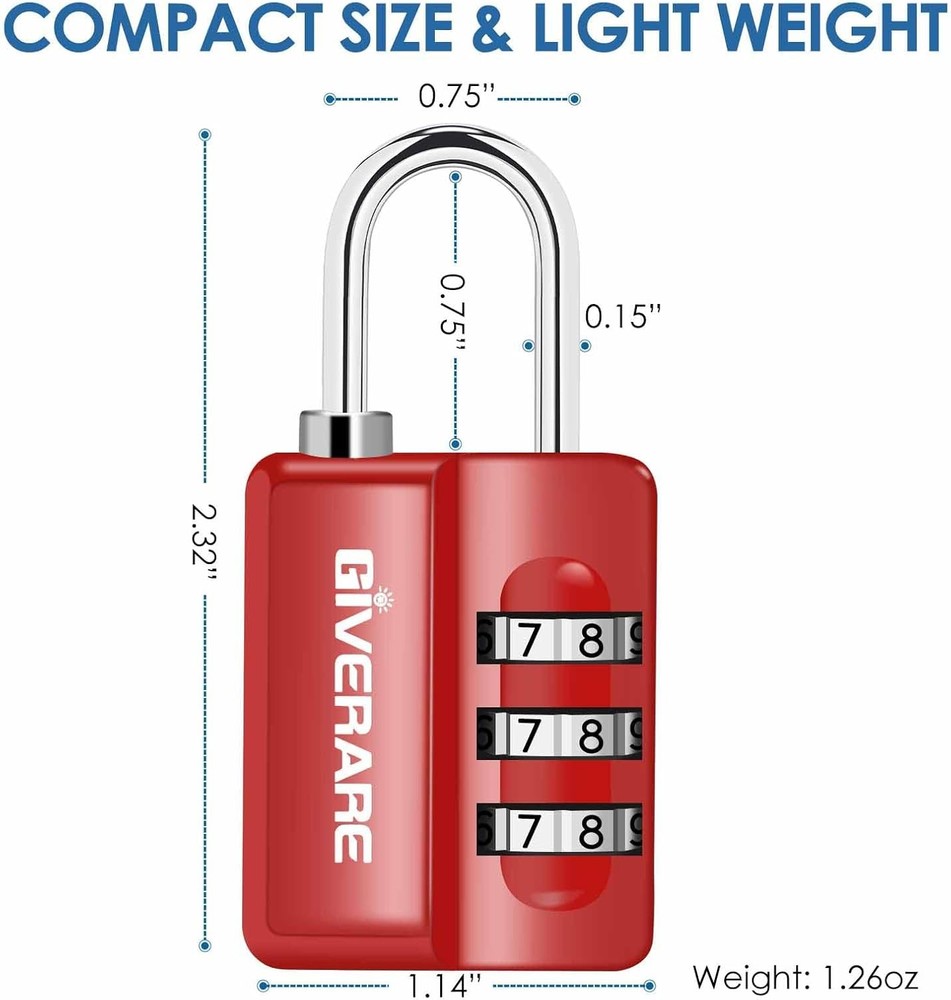 GIVERARE 4 Pack Combination Lock, 3-Digit Padlock Keyless, Small, Red