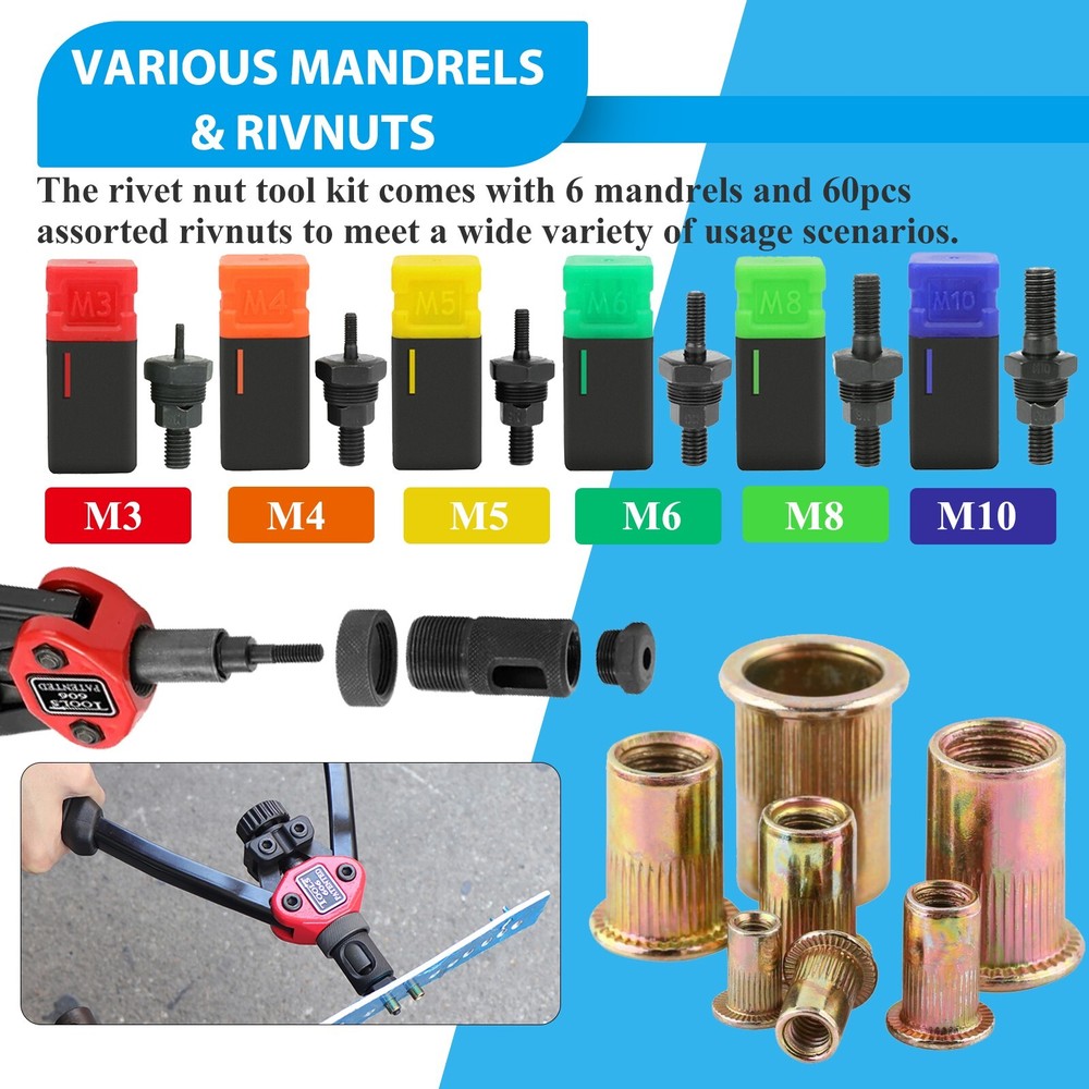 13'' Rivet Gun Kit Rivnut Thread Setting Tool Nut Setter NutSert Metric 60PC Nut