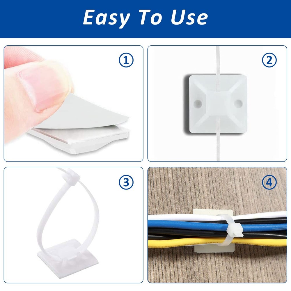 Strong Back-Glue Self Adhesive Cable Zip Tie Mounts Kit - 50 50 Set, White