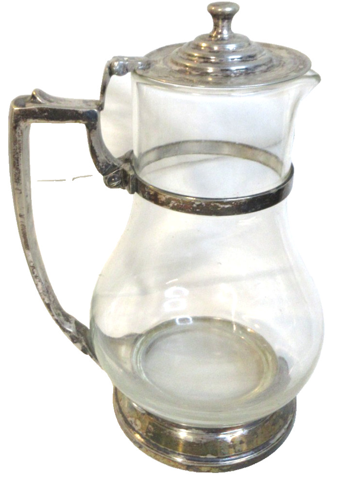 ANTIQUE~HEAVY GLASS AND SILVER WITH HINGED LID WATER PITCHER~10 1/4"