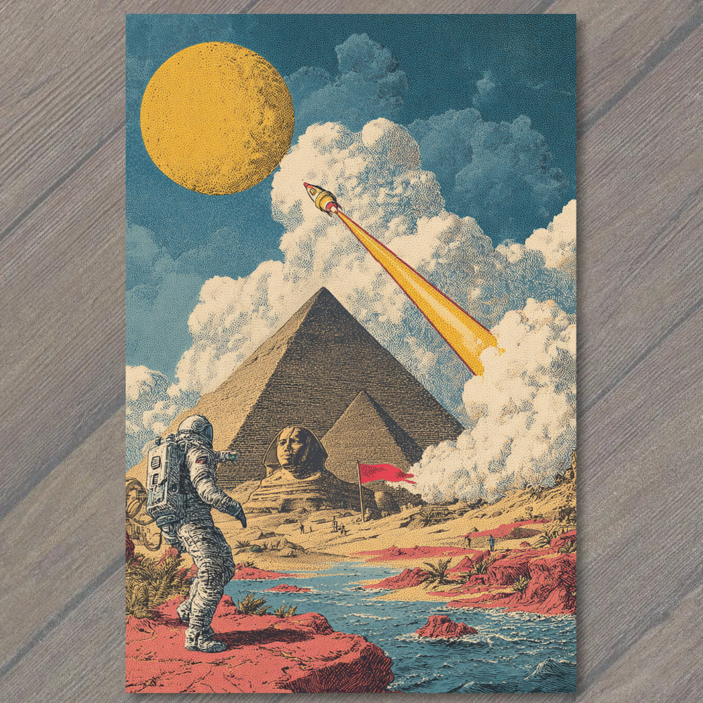 POSTCARD Astronaut Pyramid Sphinx Rocket Launch Desert Cosmos Ancient Egypt