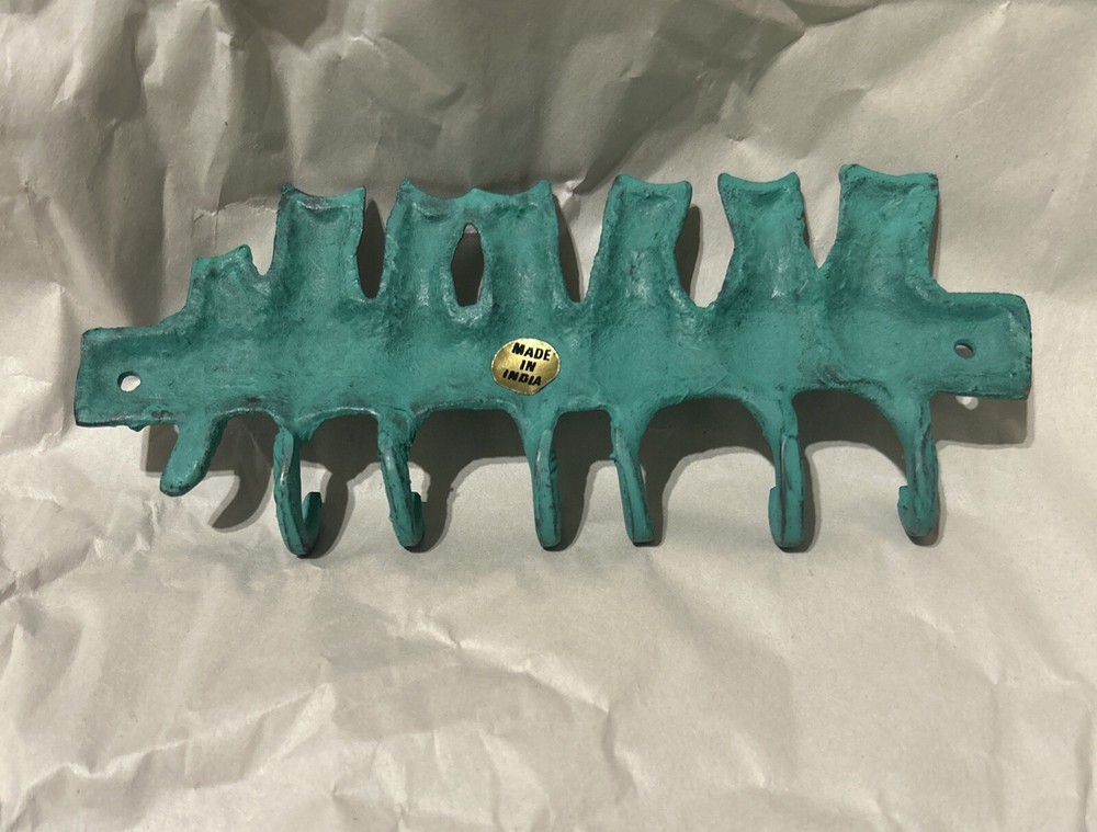 VERDIGRIS Cat Key RING Holder 6 Hooks (NEW In Box) Solid BRASS India