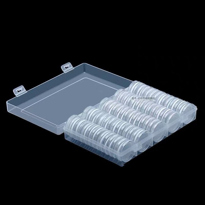 100 PCS 30mm Clear Round Coin Capsules Plastic Coin Holders & White Gaskets &Box