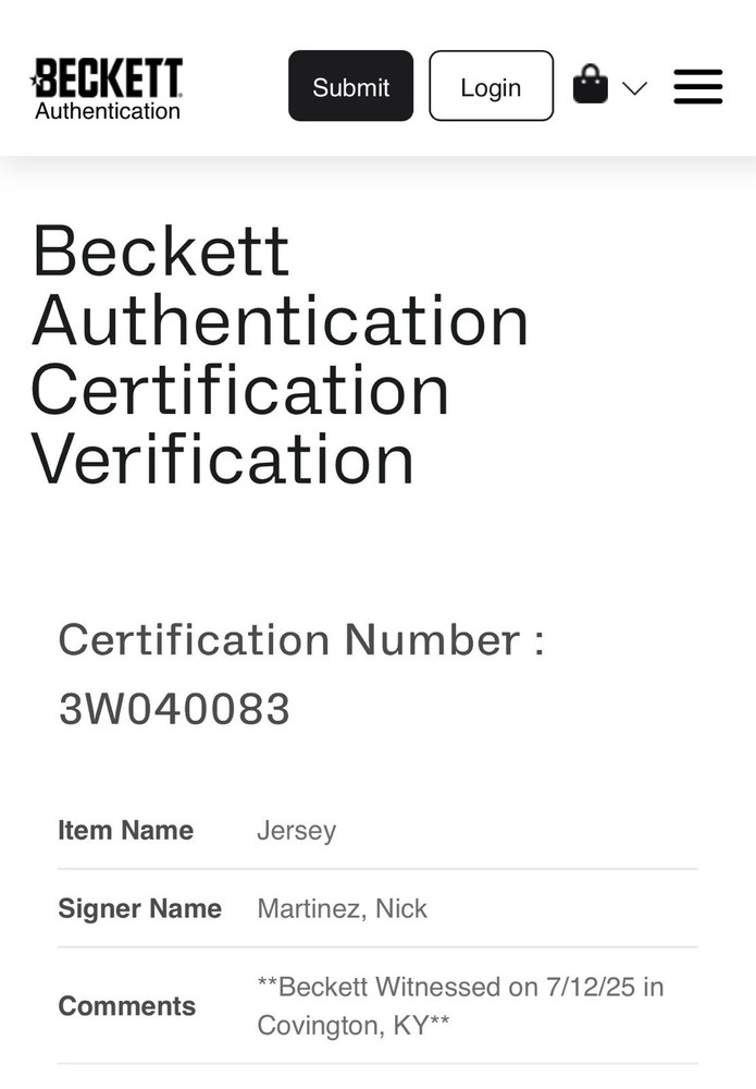 Cincinnati Reds, Nick Martinez, Signed Custom Jersey, Beckett Authenticated