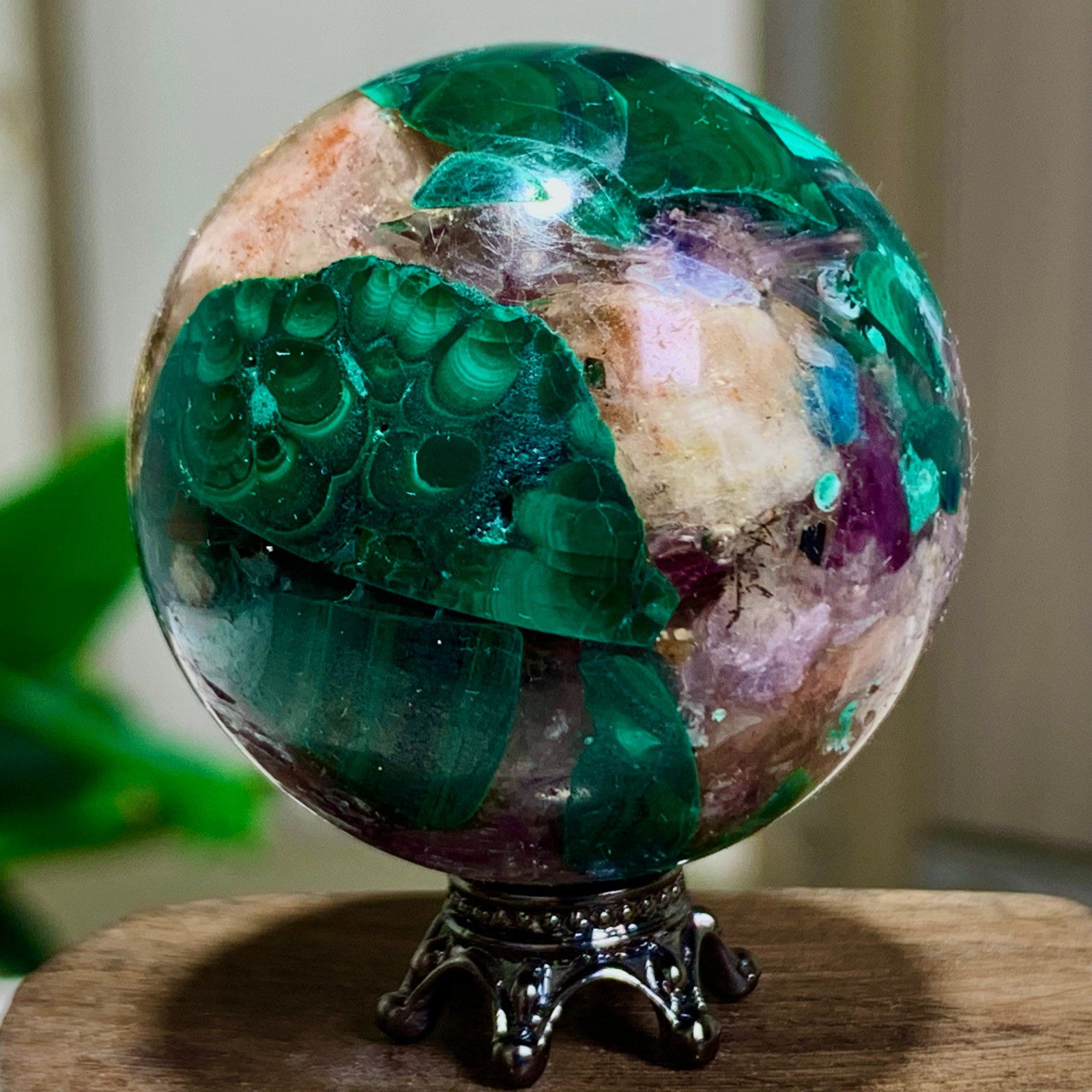 84G Newly discovered rare malachite purple mica symbiotic sphere restoration