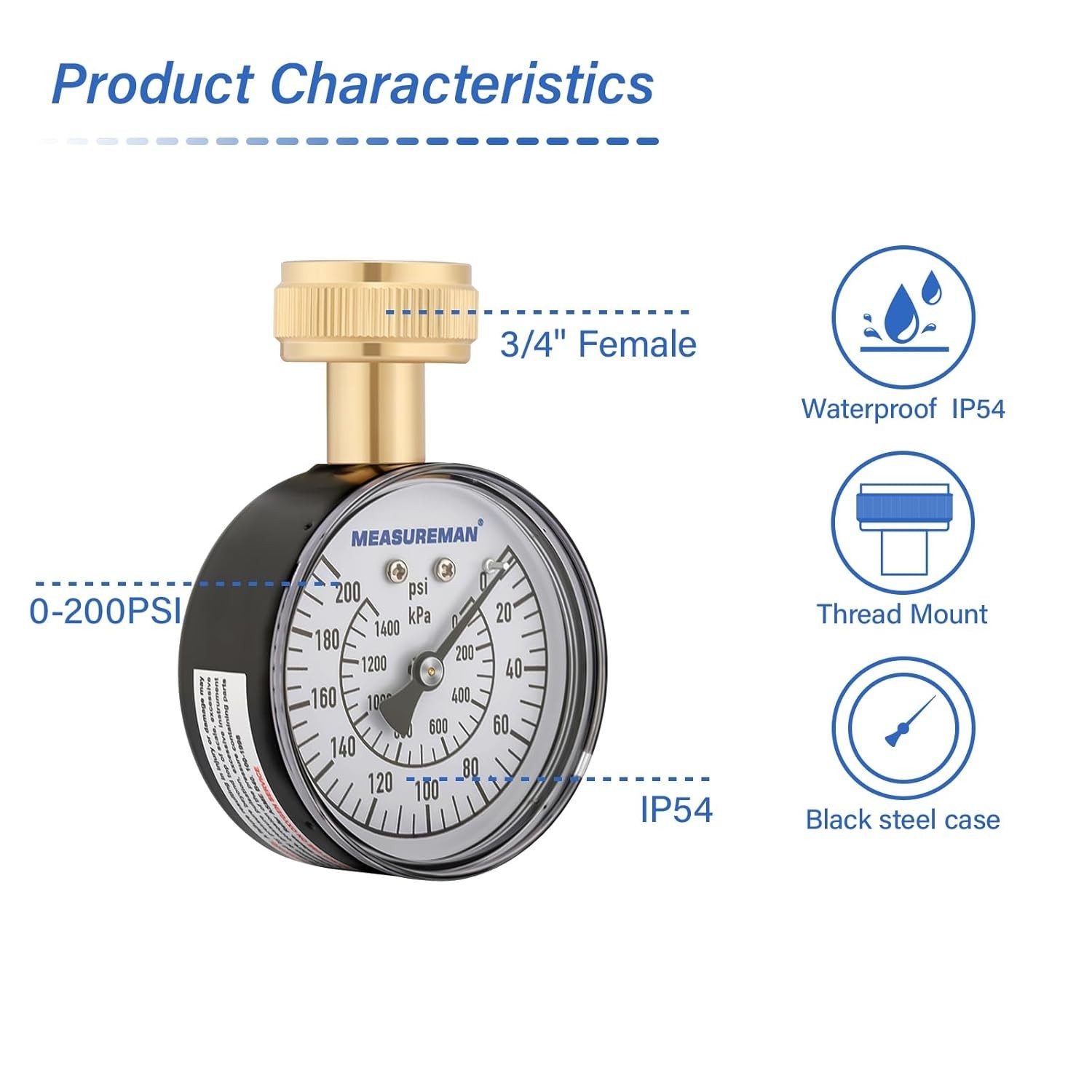 Water Pressure Gauge, 0-200 PSI Water Pressure Tester with 2-1/2 Inch Dial & ...