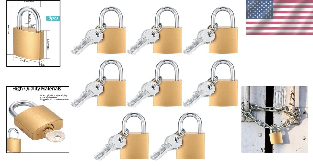 Portable Brass Padlocks - 8 Pack Keyed Locks with Same Keys for Versatile Use
