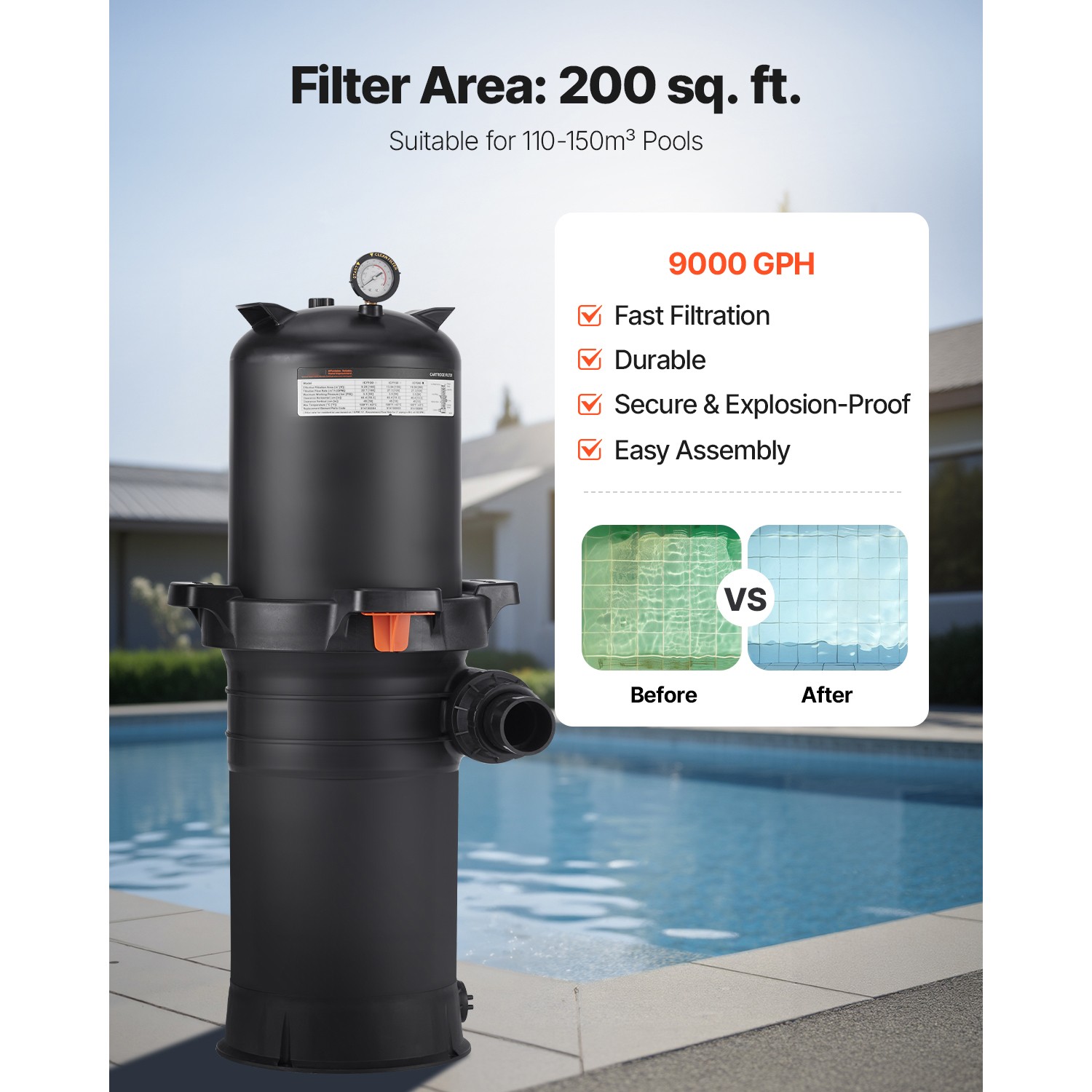 200 sq.ft² Cartridge Pool Filter Valve 9000 GPH Swimming Pool Filtration System