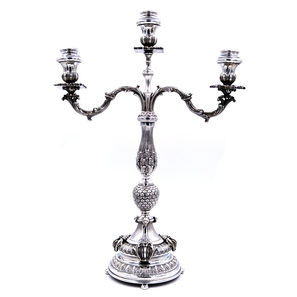 Italian Solid Silver Three Armed Baroque Candelabra