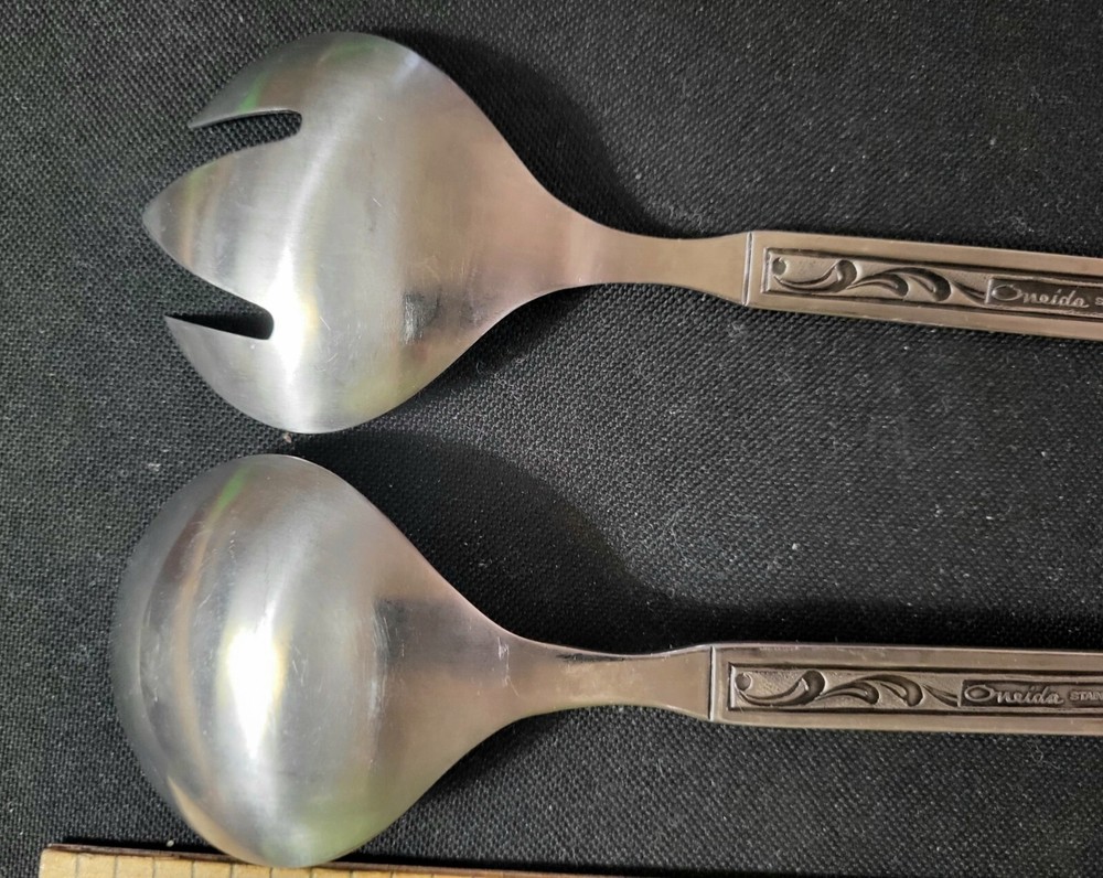 Vintage ONEIDA MCM Stainless Salad Spoon & Fork Serving Set Japan Scroll Pattern