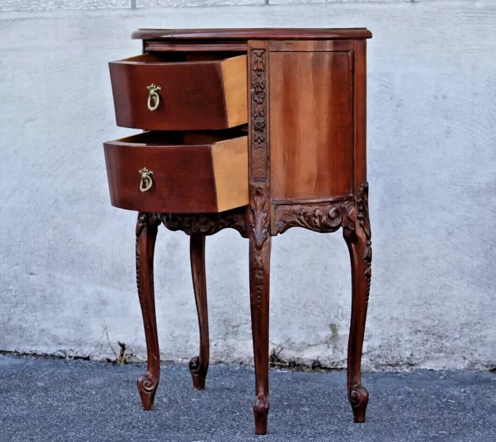 French Provincial Bedside Table - Demilune, Marble Top, Fully Refinished