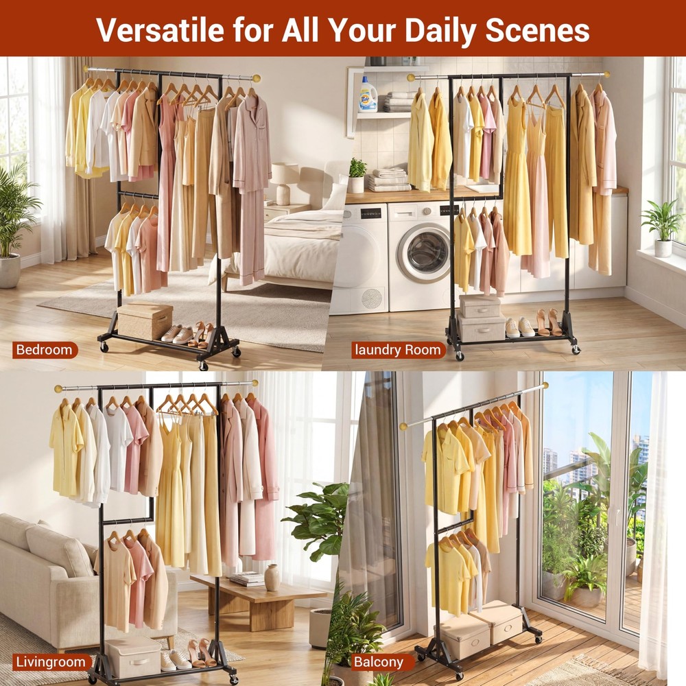 Rolling Clothing Rack with Bottom Storage Shelf & lockable Casters, Multi-tie...