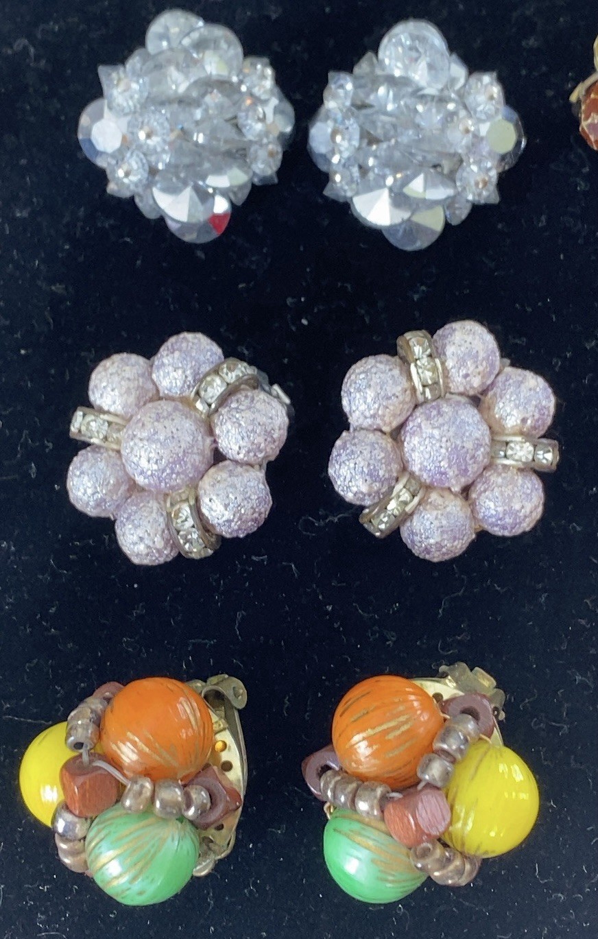 Vintage Bead Earring Lot ~ 12 Stunning Pairs ~ Clip & Screw ~ Flower Rhinestone
