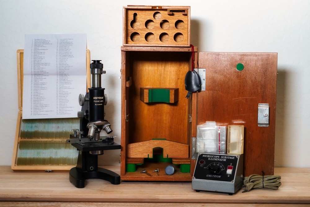 Unitron Phase MPB Microscope Kit – 100 Prepared Slides – Original Box