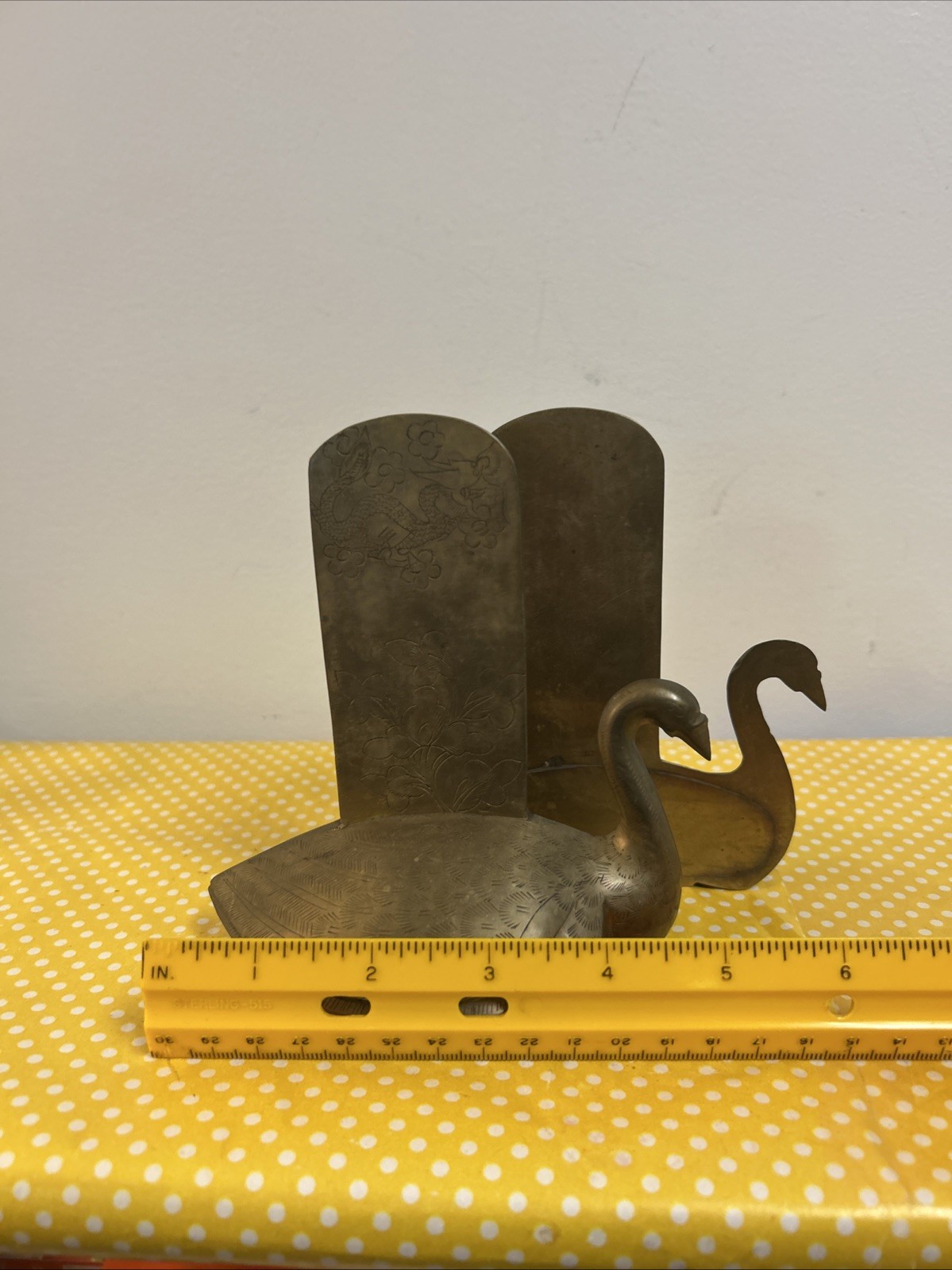 Pair Of Vintage Brass Swan Bookends Chinese Dragon Lotus Flower Carvings Heavy