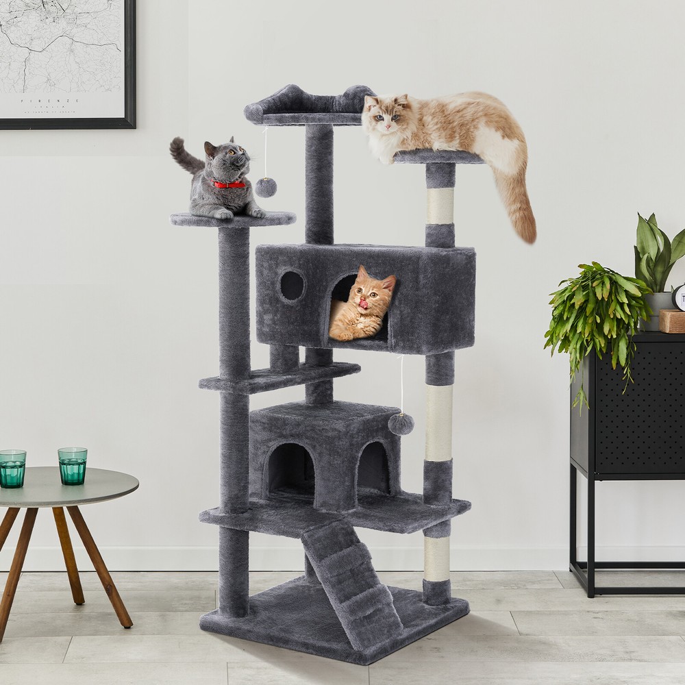 Modern Gray 54" Multi-Level Cat Tree Tower with Scratching Posts and Perches