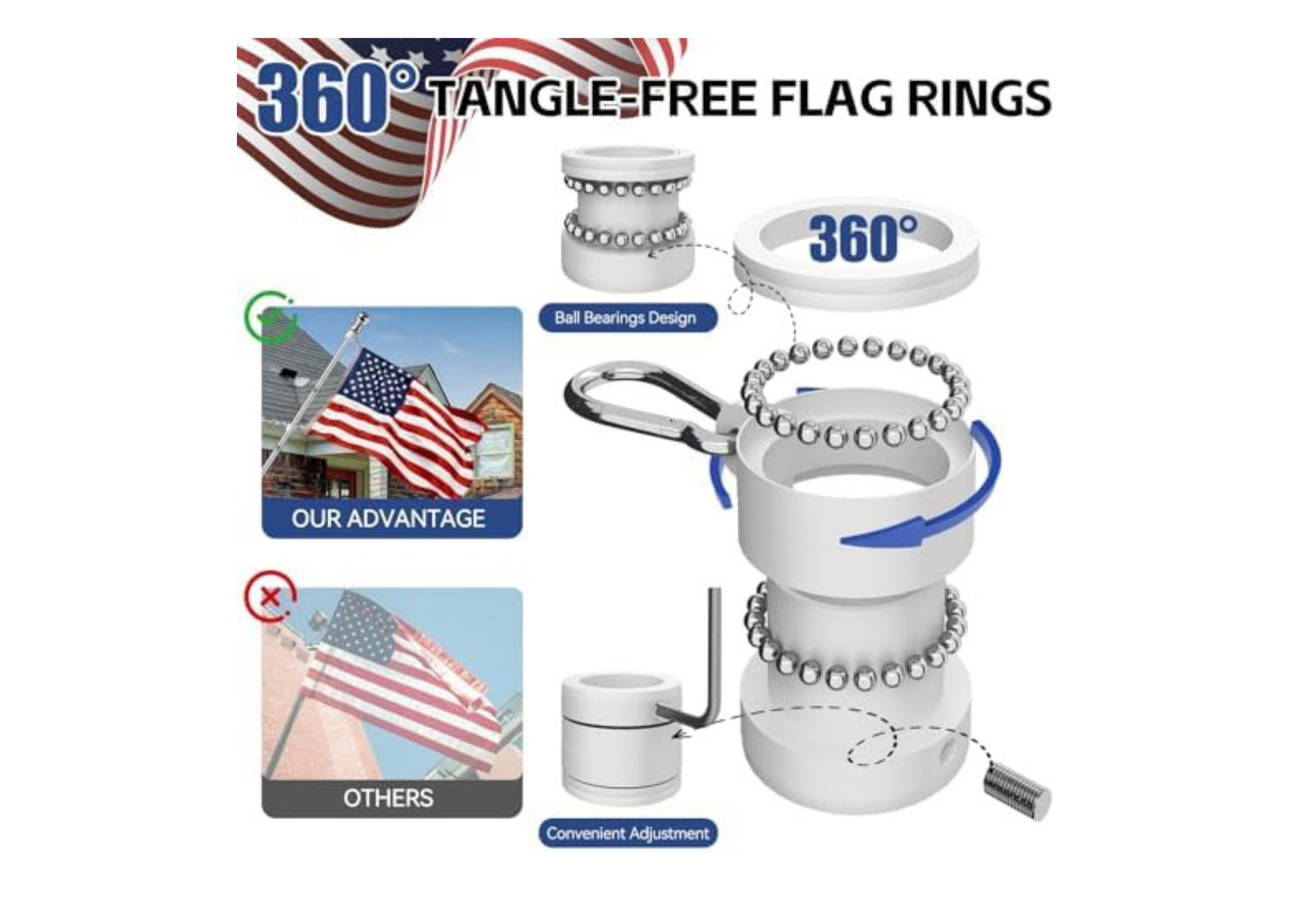 American Flag 3x5ft with 5 Ft Outdoor Pole Kit Stainless Steel Aluminum Silver