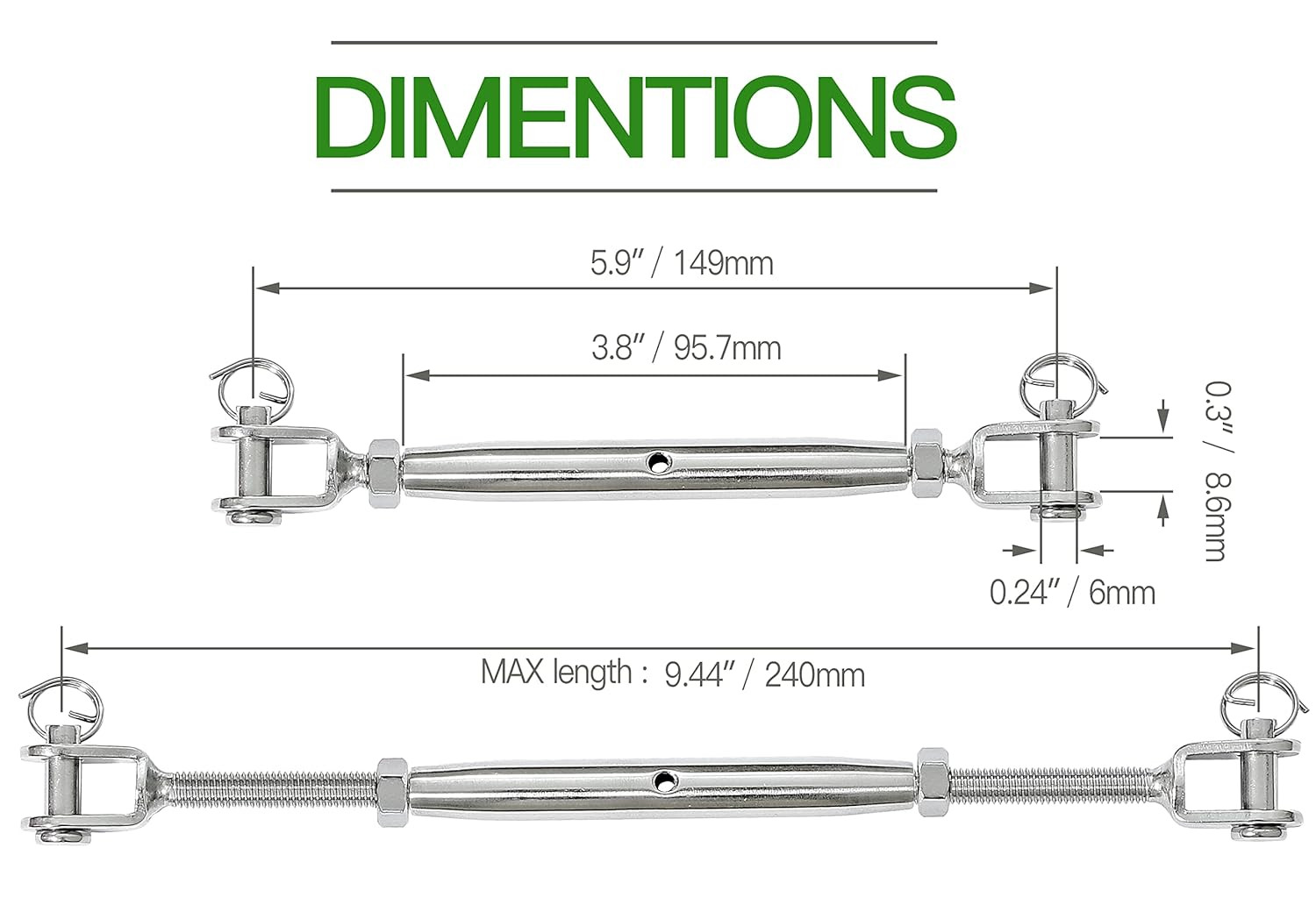 2PCS M6 Jaw and Jaw Turnbuckle, Stainless Steel Turnbuckle Heavy Duty Turn Buckl