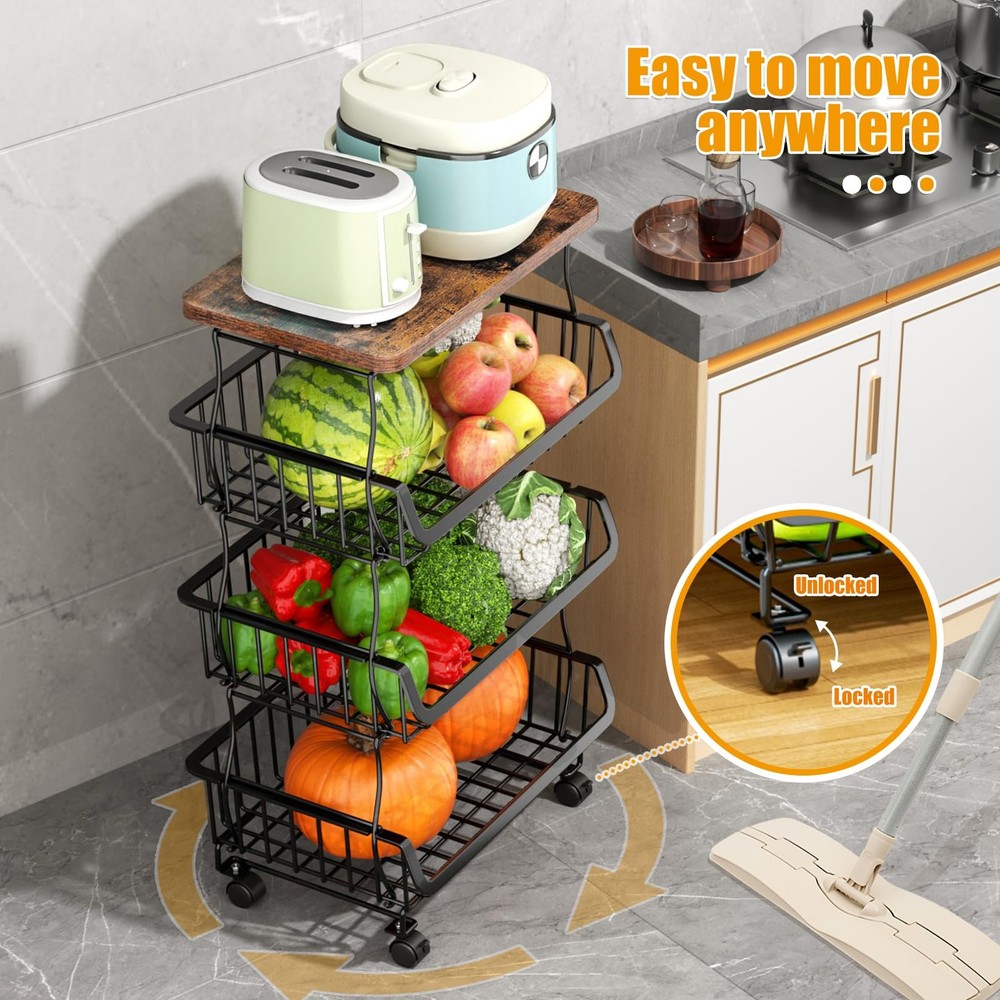 4 Tier Stackable Metal Wire Storage Basket Cart w/ Wheels