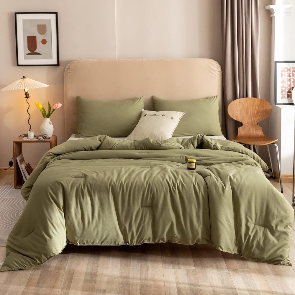 King Size Comforter Set Olive Green, 3pcs (1 Boho Comforter & 2 Pillowcases)