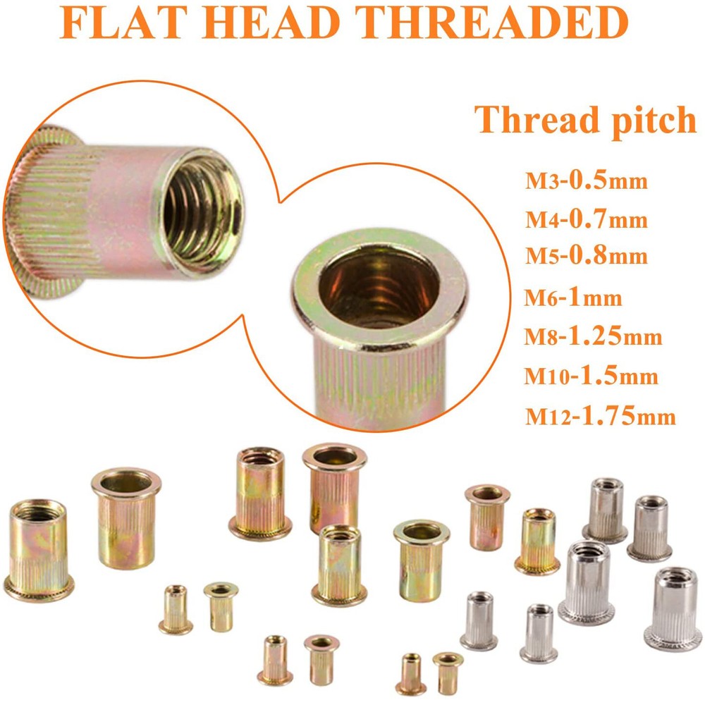 1200Pc Rivet Nut M3-M12 Stainless Steel Rivnut Insert Nutsert Threaded Flat Head